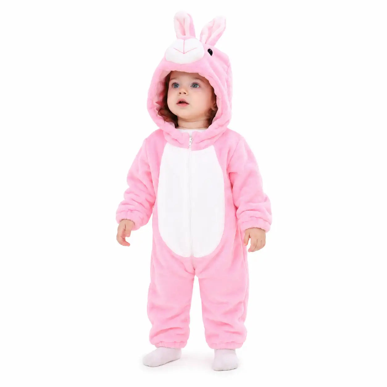 Child wearing pink bunny hooded fleece romper with front zip and bunny ears