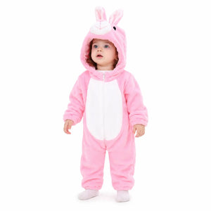 Child wearing pink bunny hooded fleece romper with front zip and bunny ears
