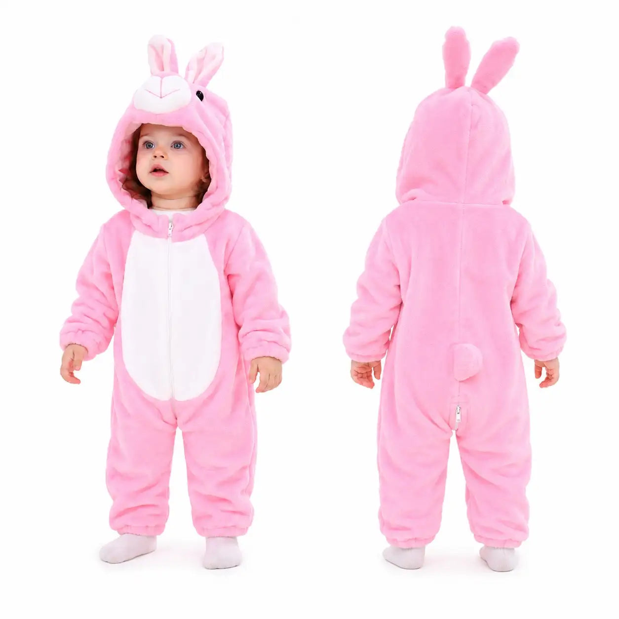 Pink bunny character hooded winter fleece romper jumpsuit front and back view