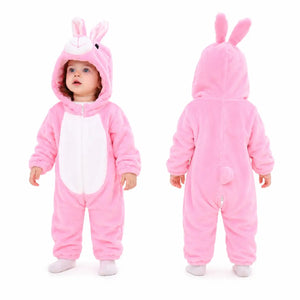 Pink bunny character hooded winter fleece romper jumpsuit front and back view