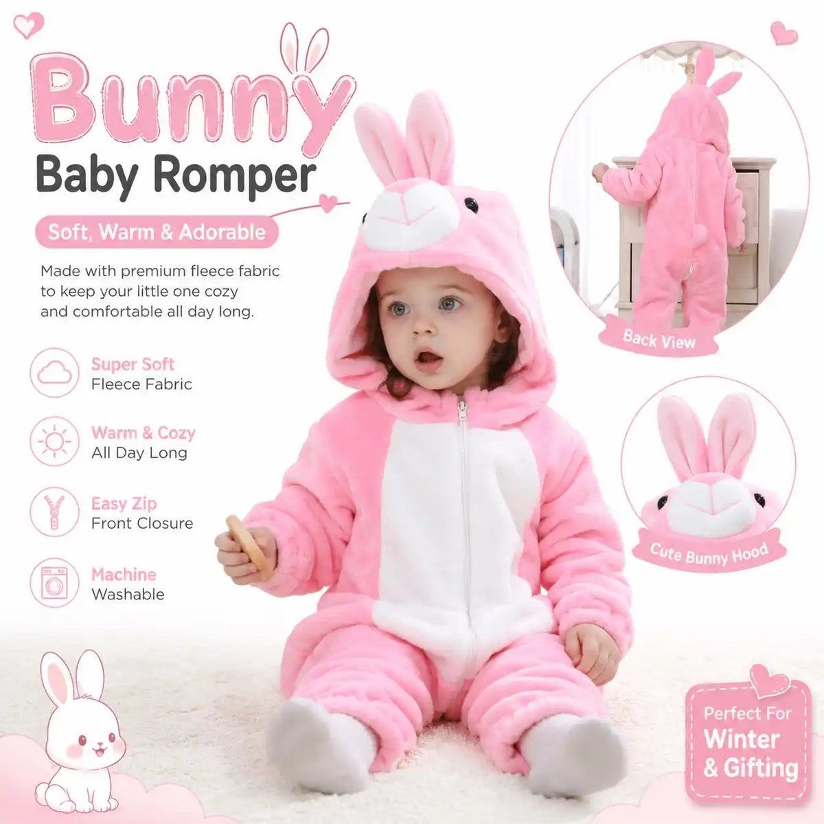 Pink bunny character winter fleece romper jumpsuit front view on white background
