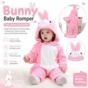 Pink bunny character winter fleece romper jumpsuit front view on white background