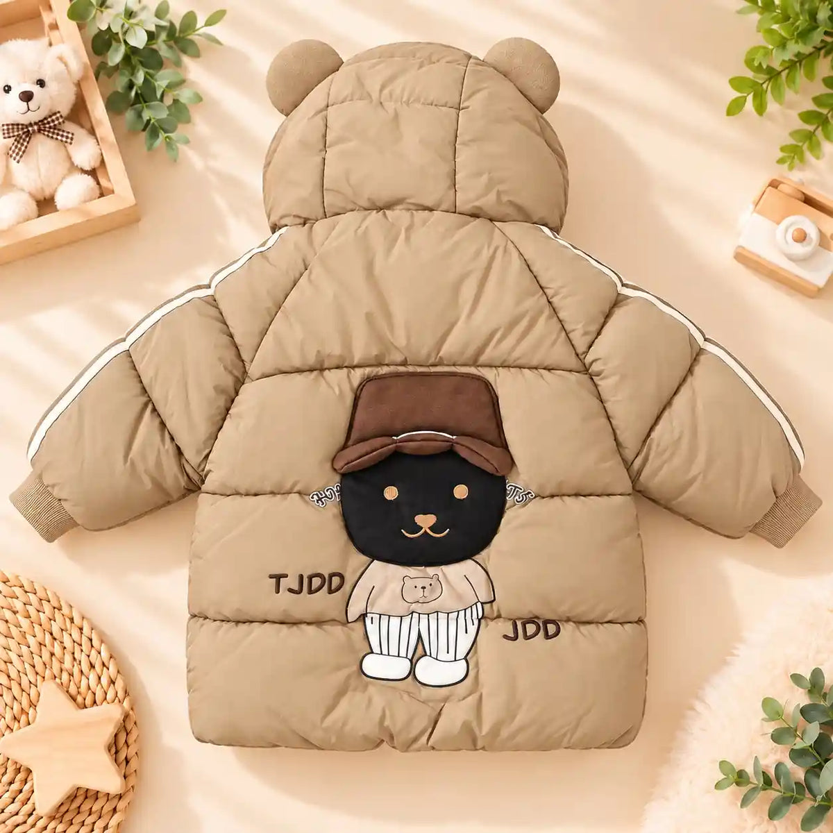 Cactus Kids Khaki Hooded Puffer Jacket Back Character Design