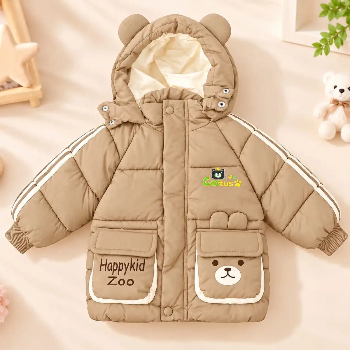 Cactus Kids Khaki Puffer Jacket Front Zipper View