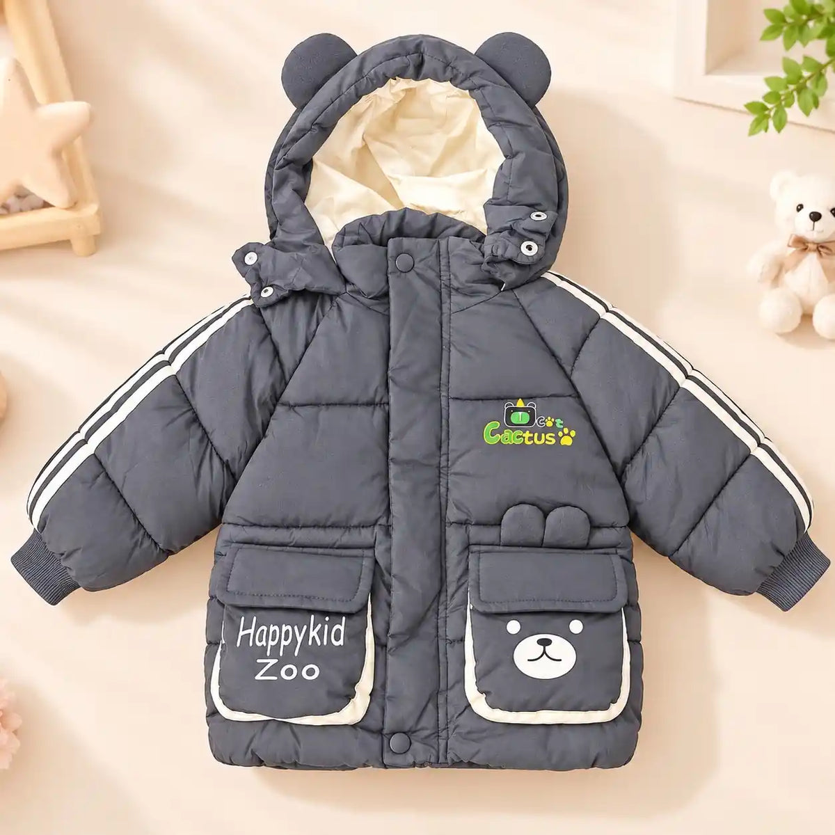 Cactus Kids Grey Puffer Jacket Front Zipper View