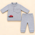 Light grey baby winter shirt and pajama set with square check texture, chest pocket and red car embroidery