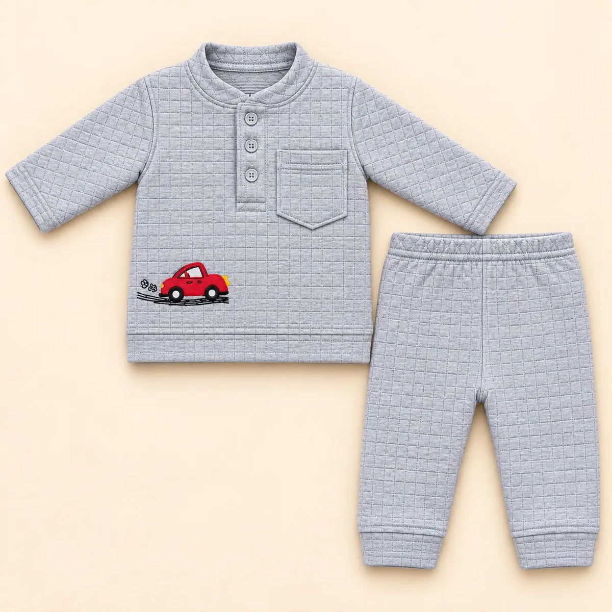 Light grey baby winter shirt and pajama set with square check texture, chest pocket and red car embroidery