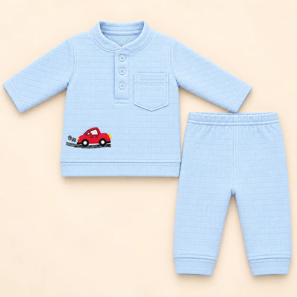 Sky blue baby winter shirt and pajama set with square check texture, chest pocket and red car embroidery