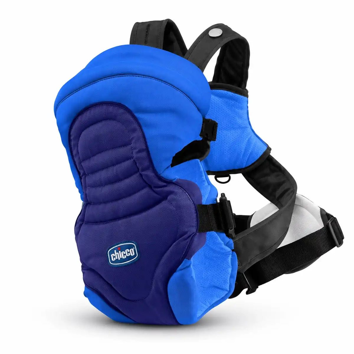 Chicco baby carrier in royal blue and navy with padded front and black straps.