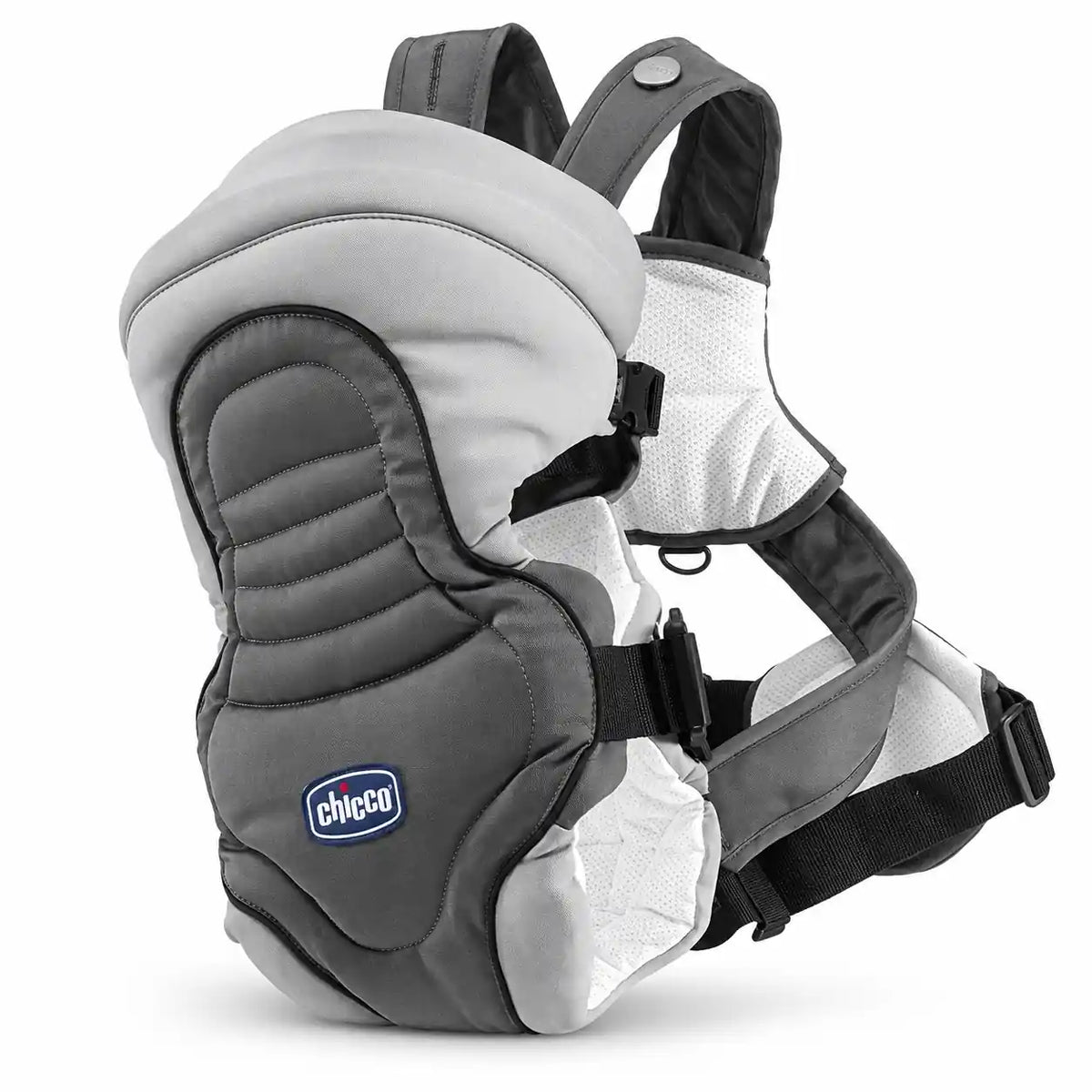  Chicco baby carrier in light and dark grey with padded front and mesh side panels.