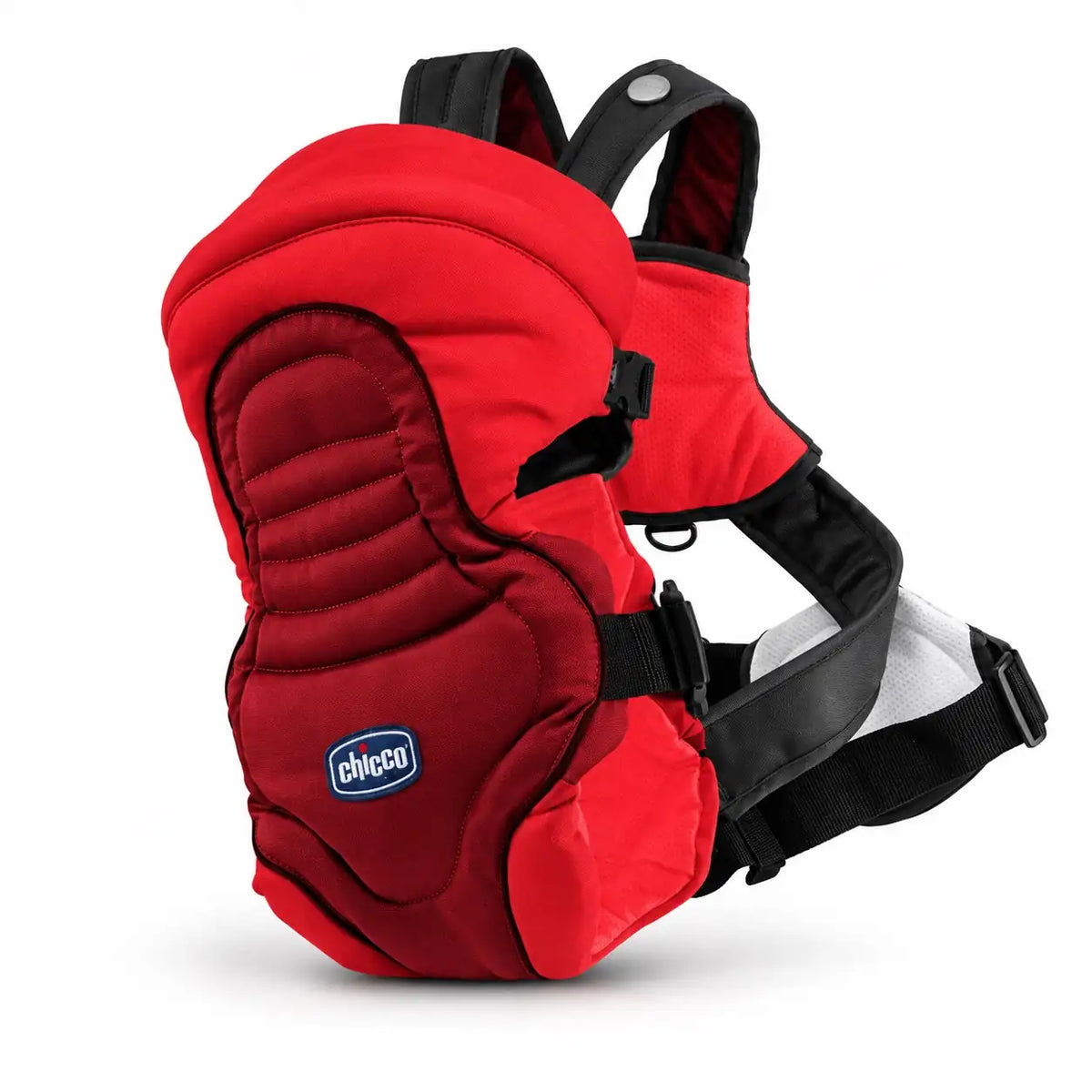 Chicco baby carrier in red and maroon with padded front and black straps.