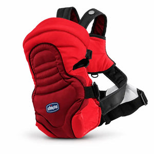 Chicco baby carrier in red and maroon with padded front and black straps.