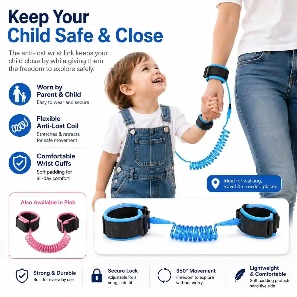 Child anti-lost wrist link with adjustable cuffs and safety features