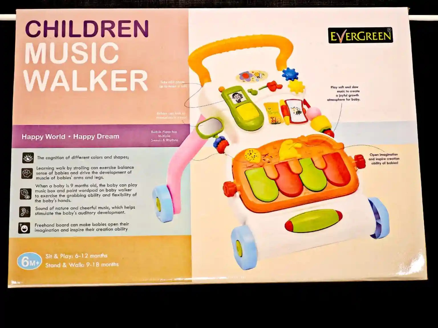Children musical push walker product packaging and feature overview