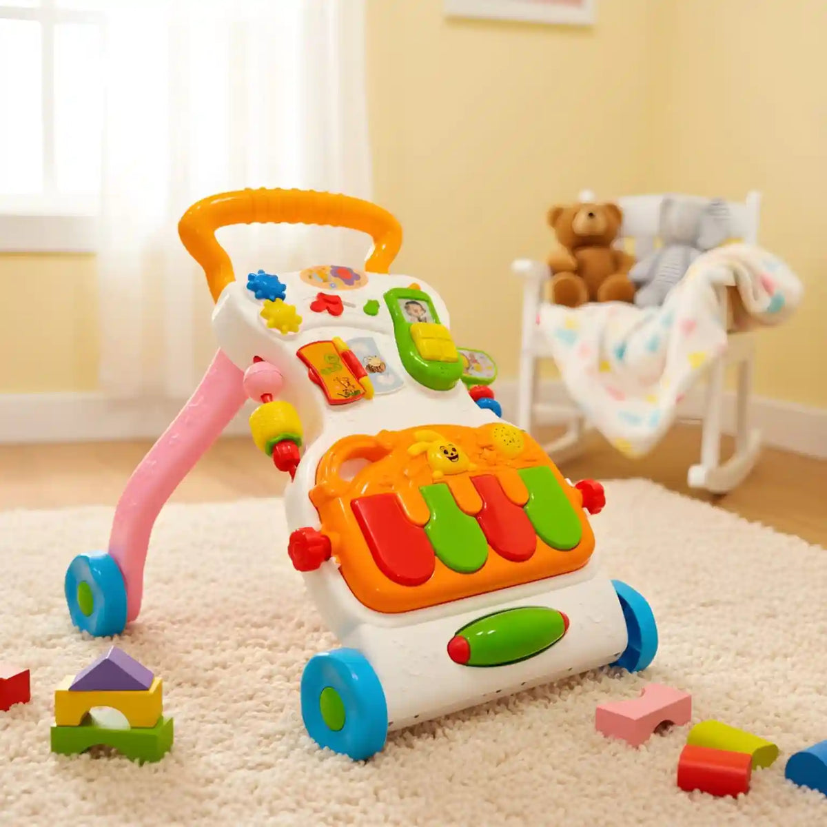 Colorful children musical push walker with sturdy wheels for early walking play
