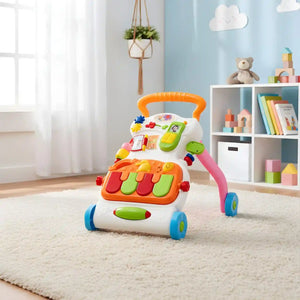 Children musical walker front view with buttons, piano keys and activity toys