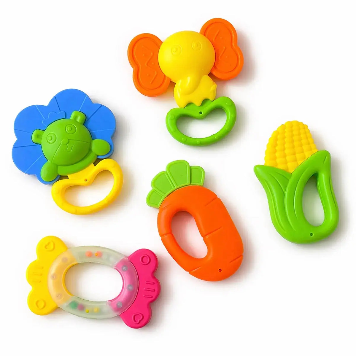 Pack of 5 Soft Silicone Baby Rattle Teethers with Colorful Animal and Fruit Shapes for Teething Babies