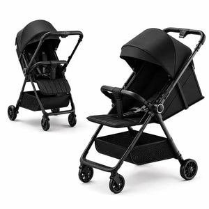 Foldable Baby Stroller Showing Adjustable Upright and Reclining Seat Positions for Baby Comfort