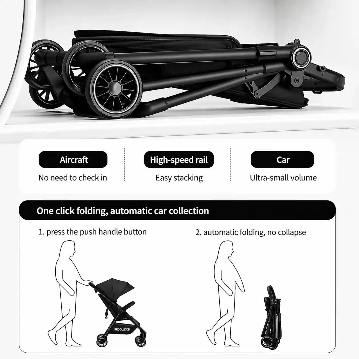 Compact Folded Baby Stroller with One Click Folding Design for Easy Travel Carrying and Storage
