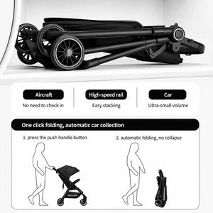 Compact Folded Baby Stroller with One Click Folding Design for Easy Travel Carrying and Storage