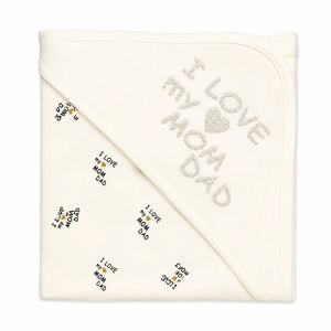 Cream baby wrapping sheet with I Love My Mom Dad print