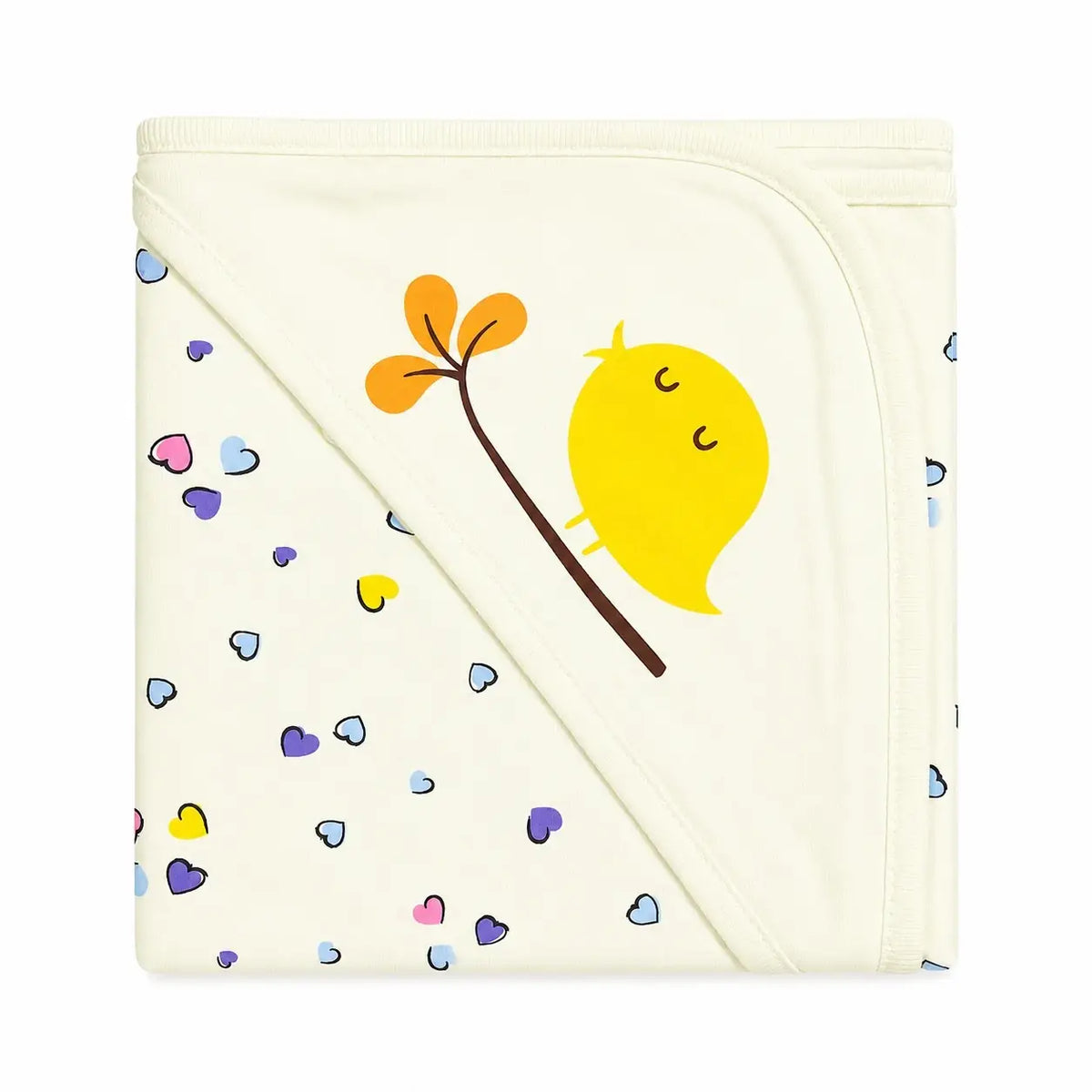 Cream baby wrapping sheet with yellow bird and colorful heart print