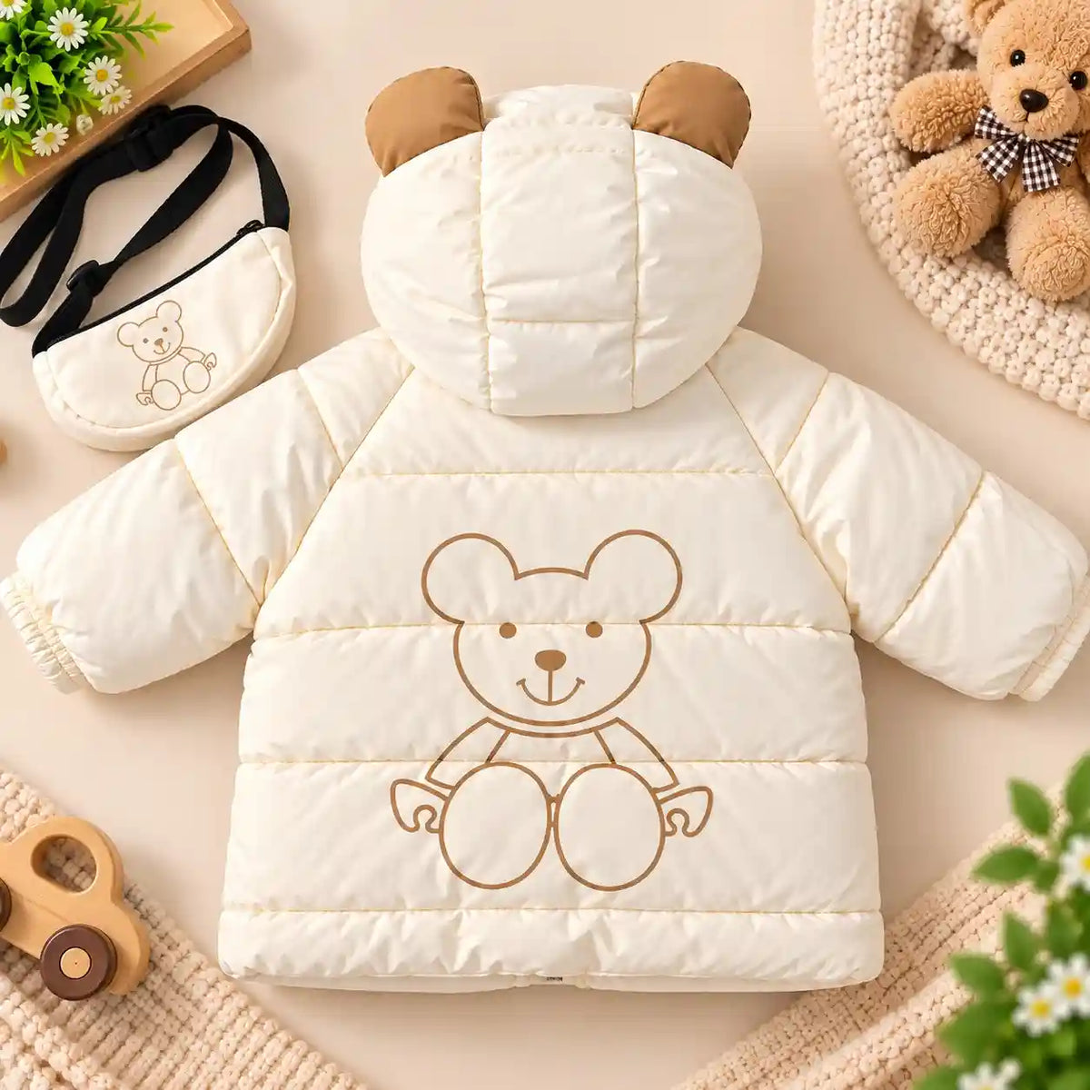 Hooded Parachute Puffer Winter Jacket Bear Design Back View – Cream