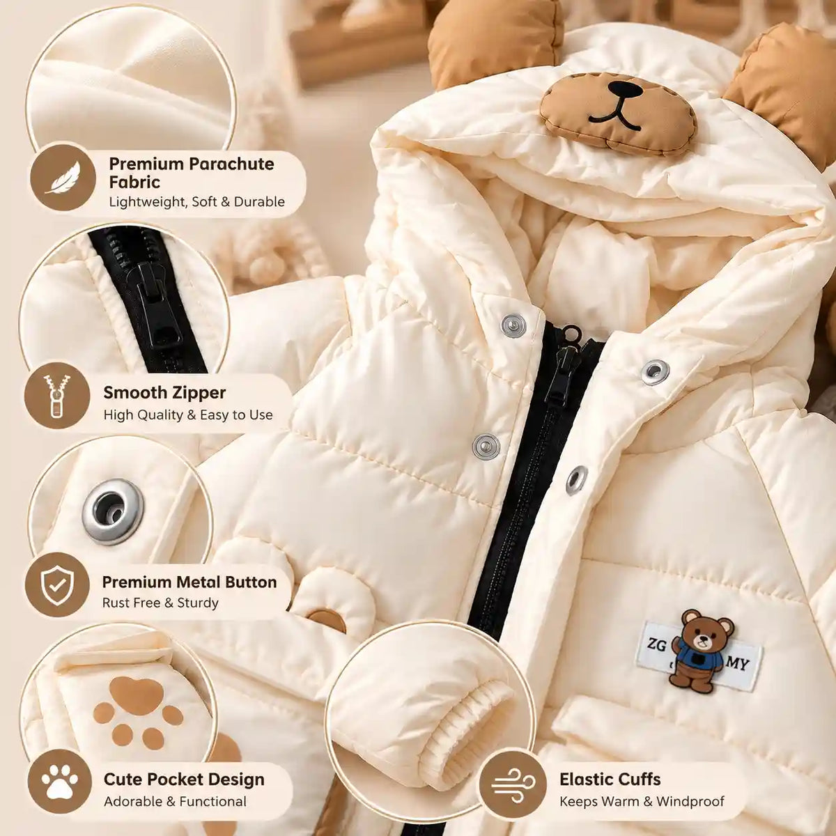 Hooded Parachute Puffer Winter Jacket Fabric, Zipper and Pocket Details – Cream