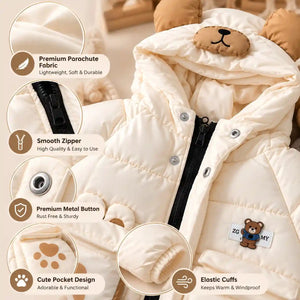Hooded Parachute Puffer Winter Jacket Fabric, Zipper and Pocket Details – Cream