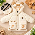 Hooded Parachute Puffer Winter Jacket with Bear Pockets – Cream Front View