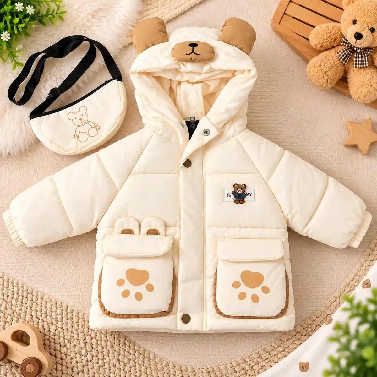 Hooded Parachute Puffer Winter Jacket with Bear Pockets – Cream Front View