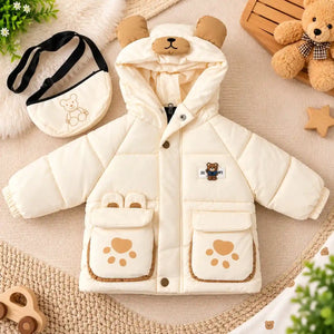 Hooded Parachute Puffer Winter Jacket with Bear Pockets – Cream Front View