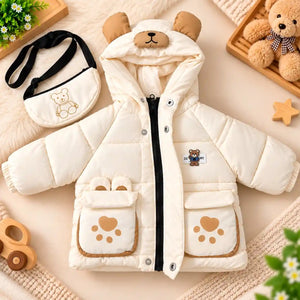 Hooded Parachute Puffer Winter Jacket with Bear Pockets – Cream Open Front View