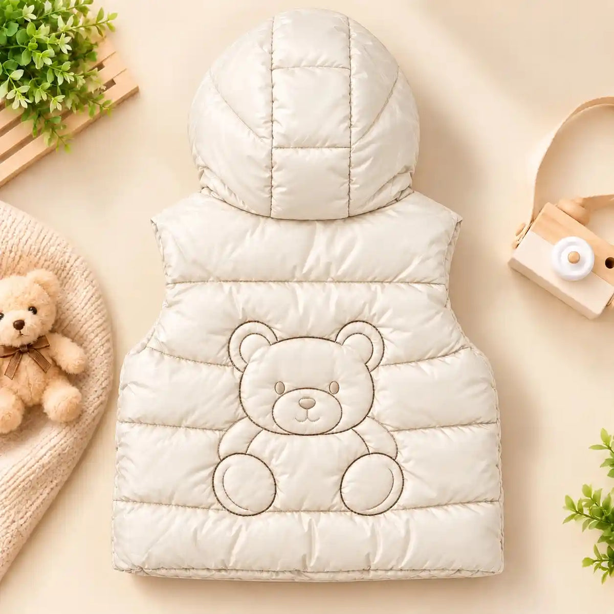 Off White Kids Hooded Puffer Sando Jacket Back Teddy Bear Design