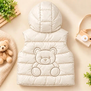 Off White Kids Hooded Puffer Sando Jacket Back Teddy Bear Design
