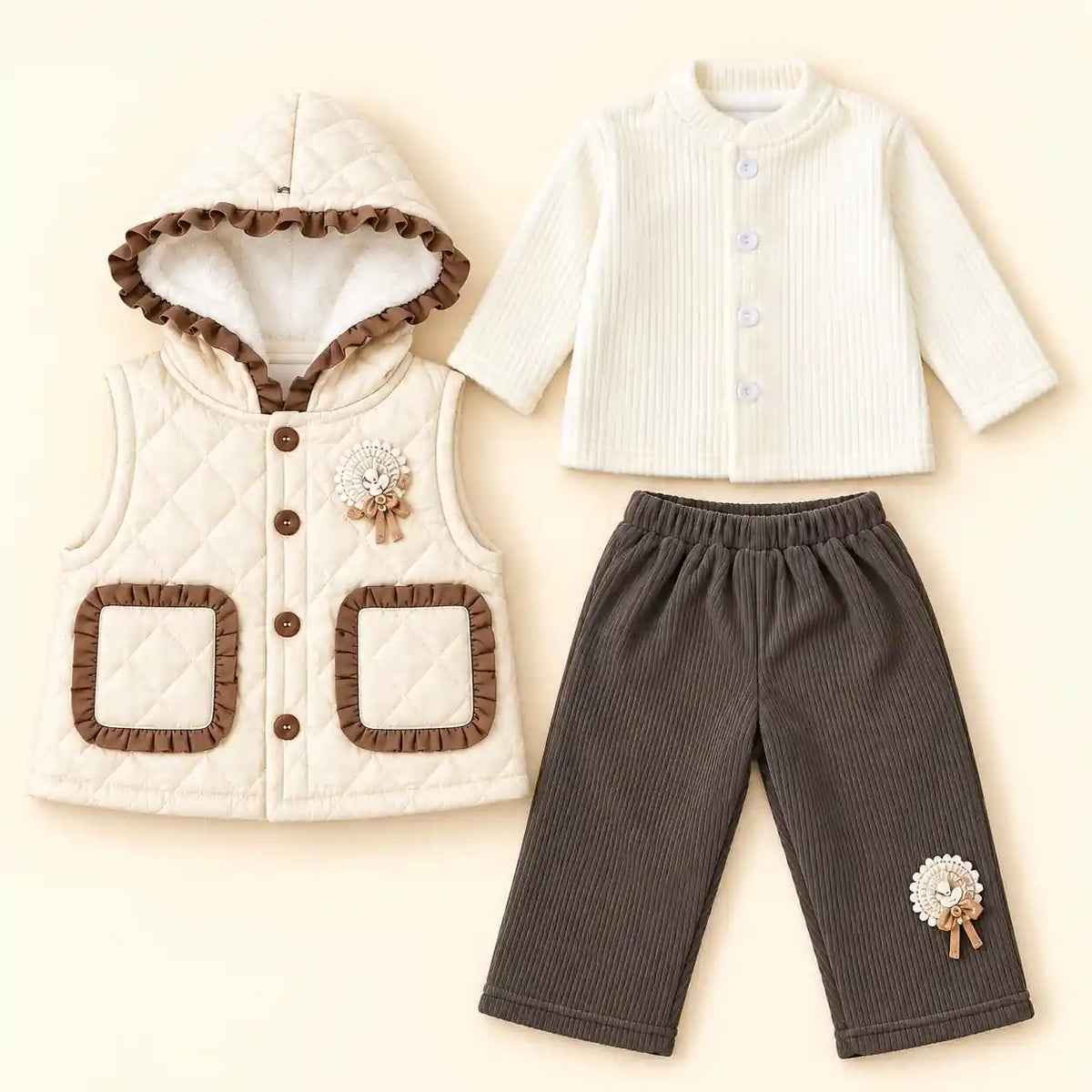 Girls 3 Piece Quilted Hooded Vest Winter Set Cream in Pakistan