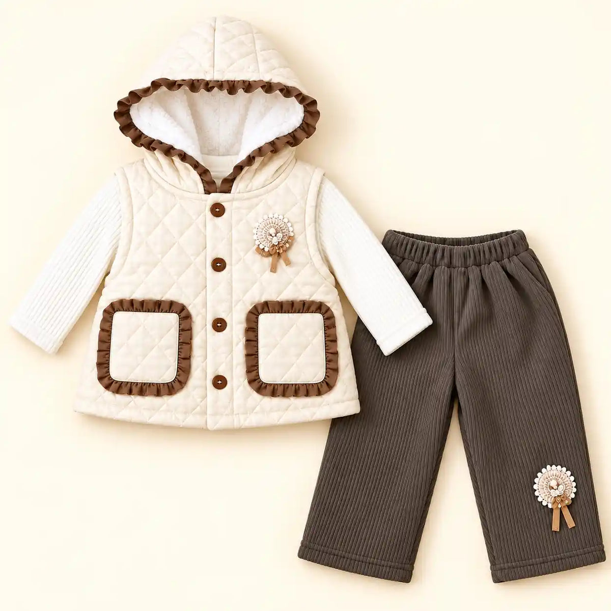 Girls Cream Quilted Hooded Vest White Top Dark Grey Pajama Set
