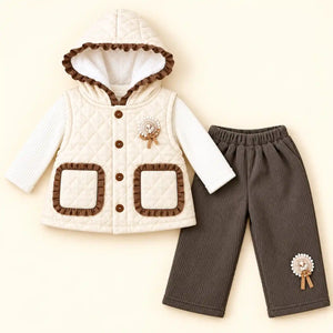 Girls Cream Quilted Hooded Vest White Top Dark Grey Pajama Set