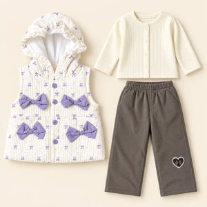 Girls 3 Piece Hooded Winter Vest Set Purple Bow Design in Pakistan
