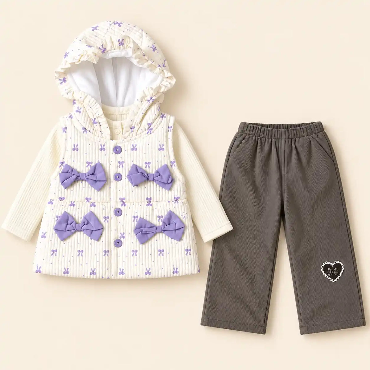 Girls Purple Bow Hooded Vest Cream Top and Grey Pajama Winter Set