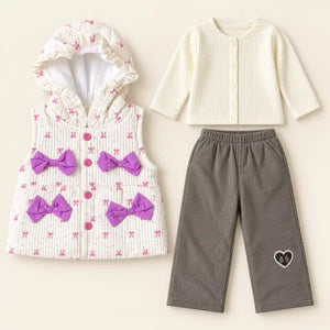 Girls 3 Piece Hooded Winter Vest Set Pink Bow Design in Pakistan