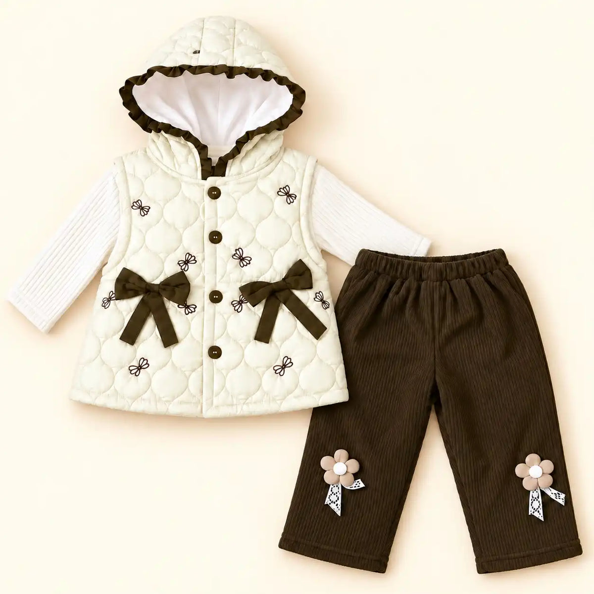 Girls Cream Quilted Hooded Vest White Top Brown Pajama Set