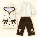 Girls 3 Piece Quilted Hooded Vest Winter Set Cream and Brown