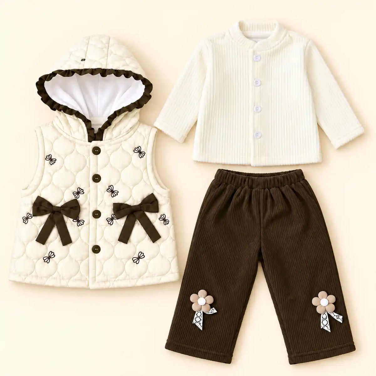 Girls 3 Piece Quilted Hooded Vest Winter Set Cream and Brown