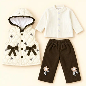 Girls 3 Piece Quilted Hooded Vest Winter Set Cream and Brown