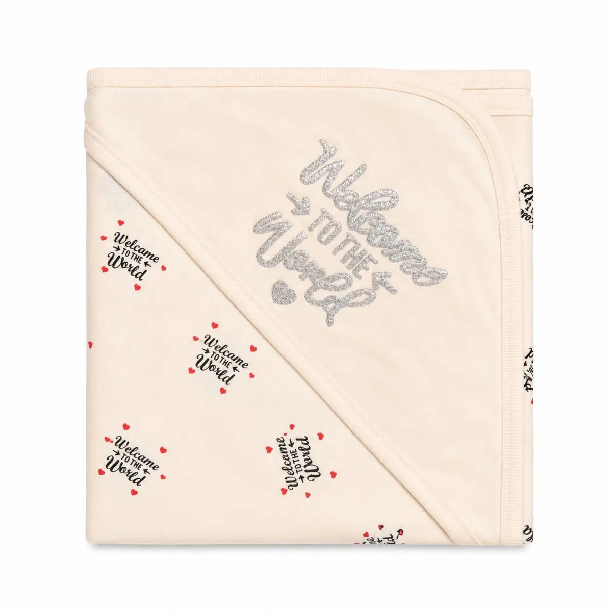 Cream baby wrapping sheet with Welcome to the World print