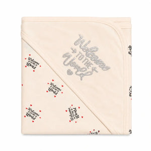 Cream baby wrapping sheet with Welcome to the World print
