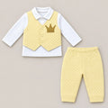 Baby yellow quilted waistcoat style shirt with attached white collared shirt, golden crown embroidery and matching pajama