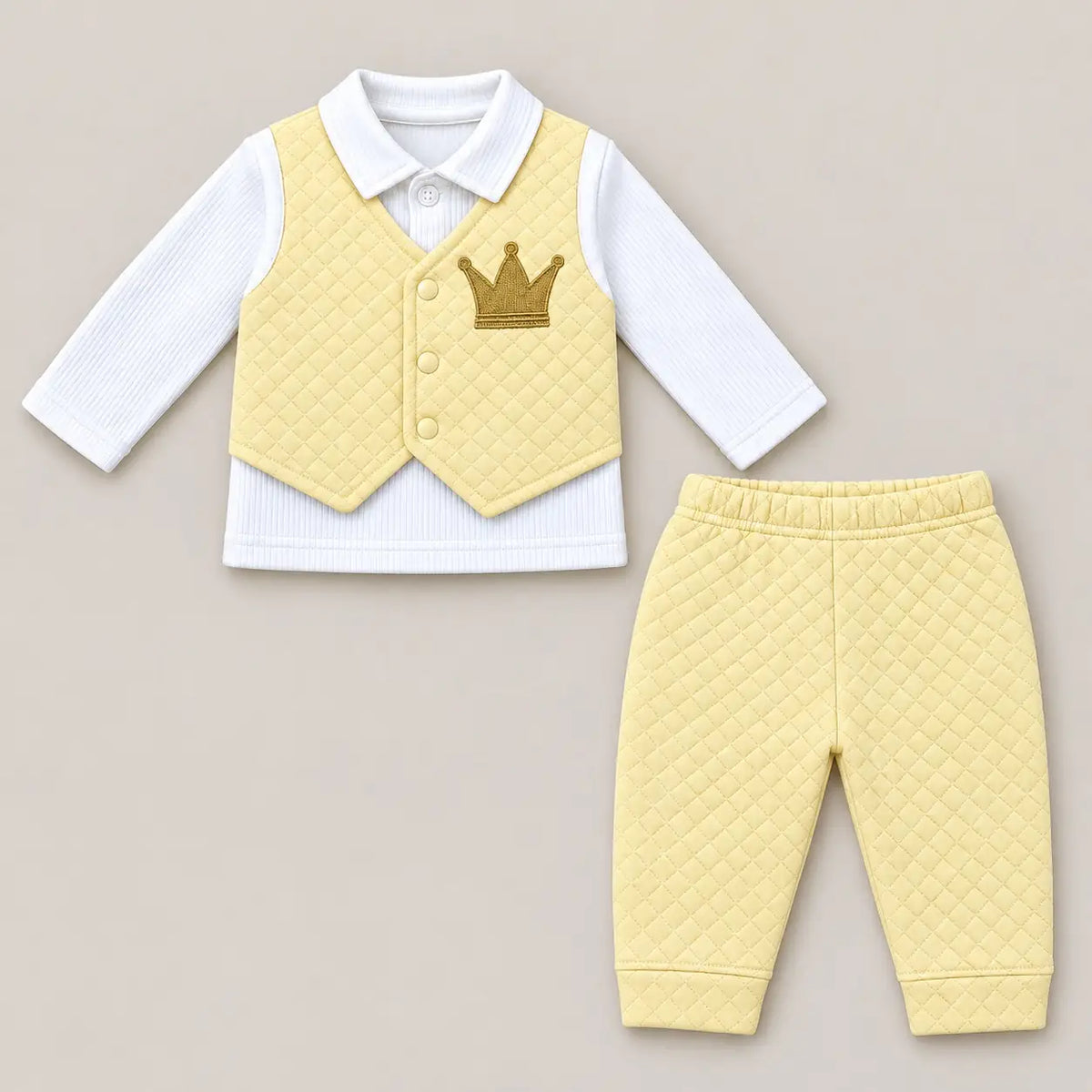Baby yellow quilted waistcoat style shirt with attached white collared shirt, golden crown embroidery and matching pajama