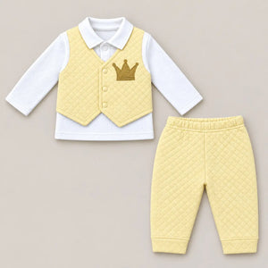 Baby yellow quilted waistcoat style shirt with attached white collared shirt, golden crown embroidery and matching pajama